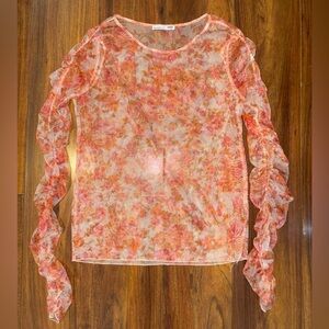 Zara Sheer Pink and Orange Floral Ruffle-Sleeve Blouse